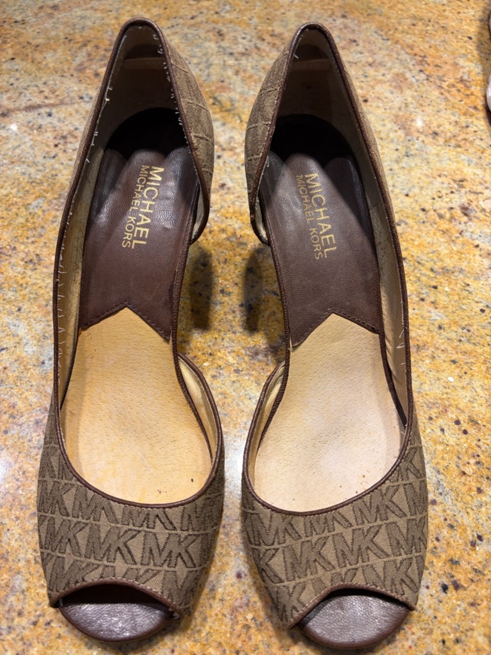 Michael Kors Brown MK Monogram Peep-Toe wedge